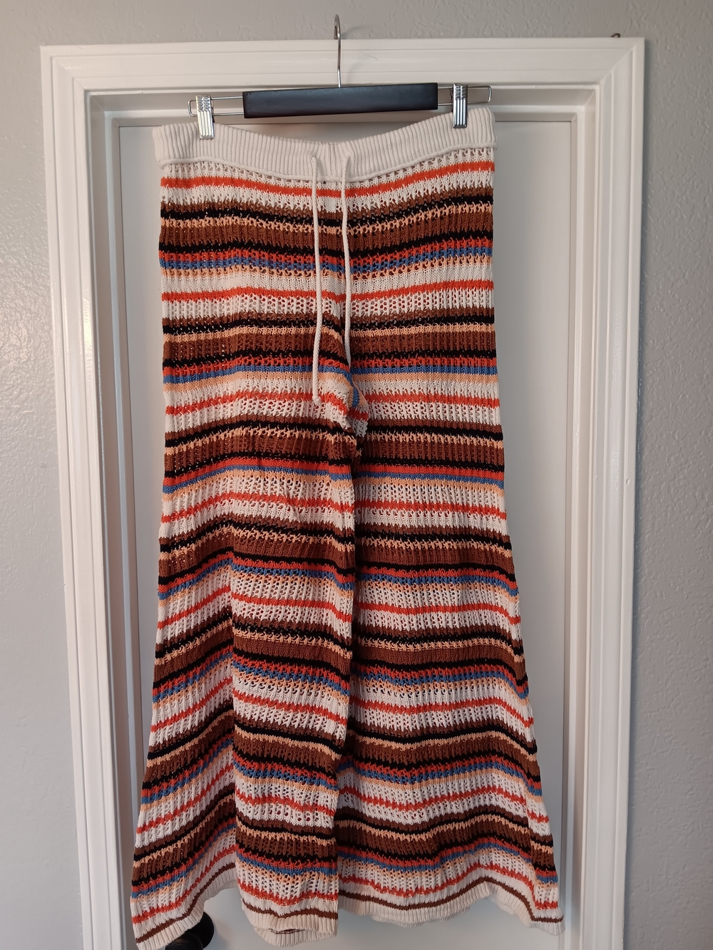 aerie Striped Crochet Wide-Leg Open Knit Pants in White, Brown, Orange & Blue